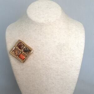 Autumn Brooch Gold Tone Metal Framing Enamel Colored Pumkin Acorn Leaves